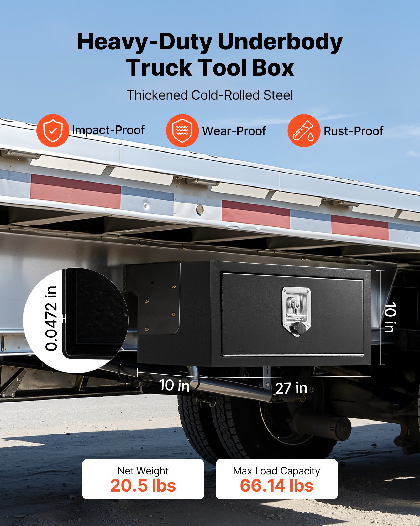 VEVOR Truck Onderbouw Opbergbox 686 x 254 x 254 mm Koudgewalst Staal Waterdichte Gereedschapskist met T-handgreep en Slot voor Vrachtwagens, Trailers, Bestelwagens Gereedschapskist Onderbouw Box Zwart