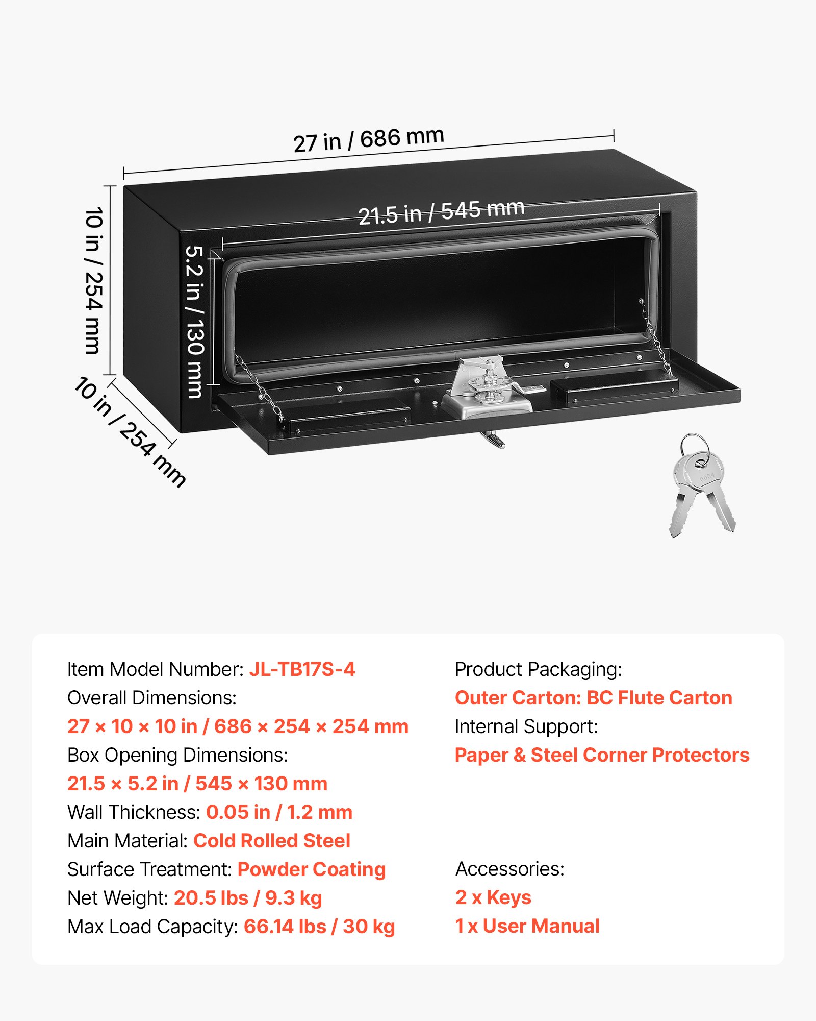VEVOR Truck Onderbouw Opbergbox 686 x 254 x 254 mm Koudgewalst Staal Waterdichte Gereedschapskist met T-handgreep en Slot voor Vrachtwagens, Trailers, Bestelwagens Gereedschapskist Onderbouw Box Zwart