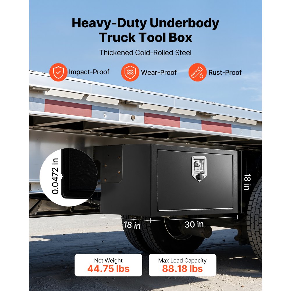 VEVOR Truck Onderbouw Opbergbox 762 x 457 x 457 mm Koudgewalst Staal Waterdichte Gereedschapskist met T-handgreep en Slot voor Vrachtwagens, Trailers, Bestelwagens Gereedschapskist Onderbouw Box Zwart