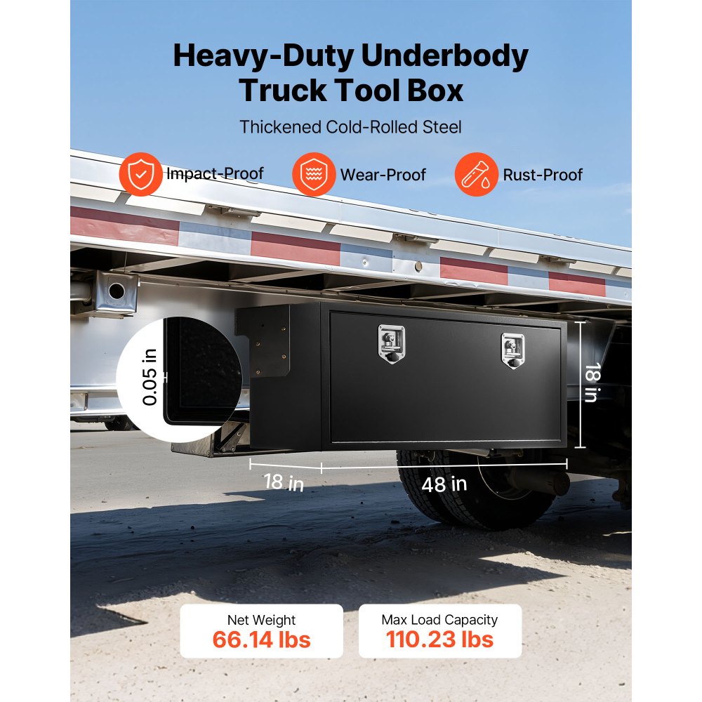 VEVOR Truck Onderbouw Opbergbox 1219 x 457 x 457 mm Koudgewalst Staal Waterdichte Gereedschapskist met T-handgreep en Slot voor Vrachtwagens, Trailers, Bestelwagens Gereedschapskist Onderbouw Box Zwart