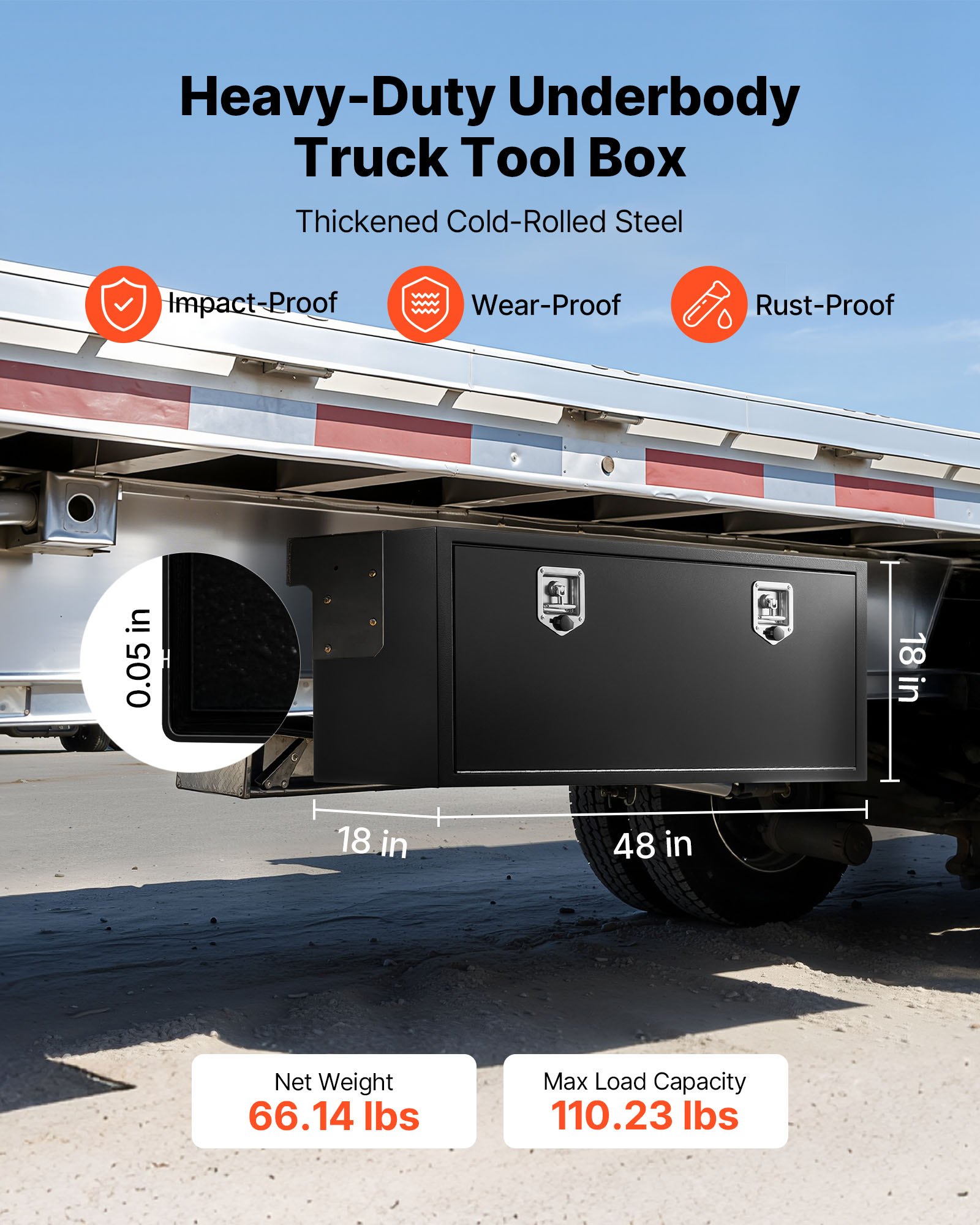 VEVOR Truck Onderbouw Opbergbox 1219 x 457 x 457 mm Koudgewalst Staal Waterdichte Gereedschapskist met T-handgreep en Slot voor Vrachtwagens, Trailers, Bestelwagens Gereedschapskist Onderbouw Box Zwart
