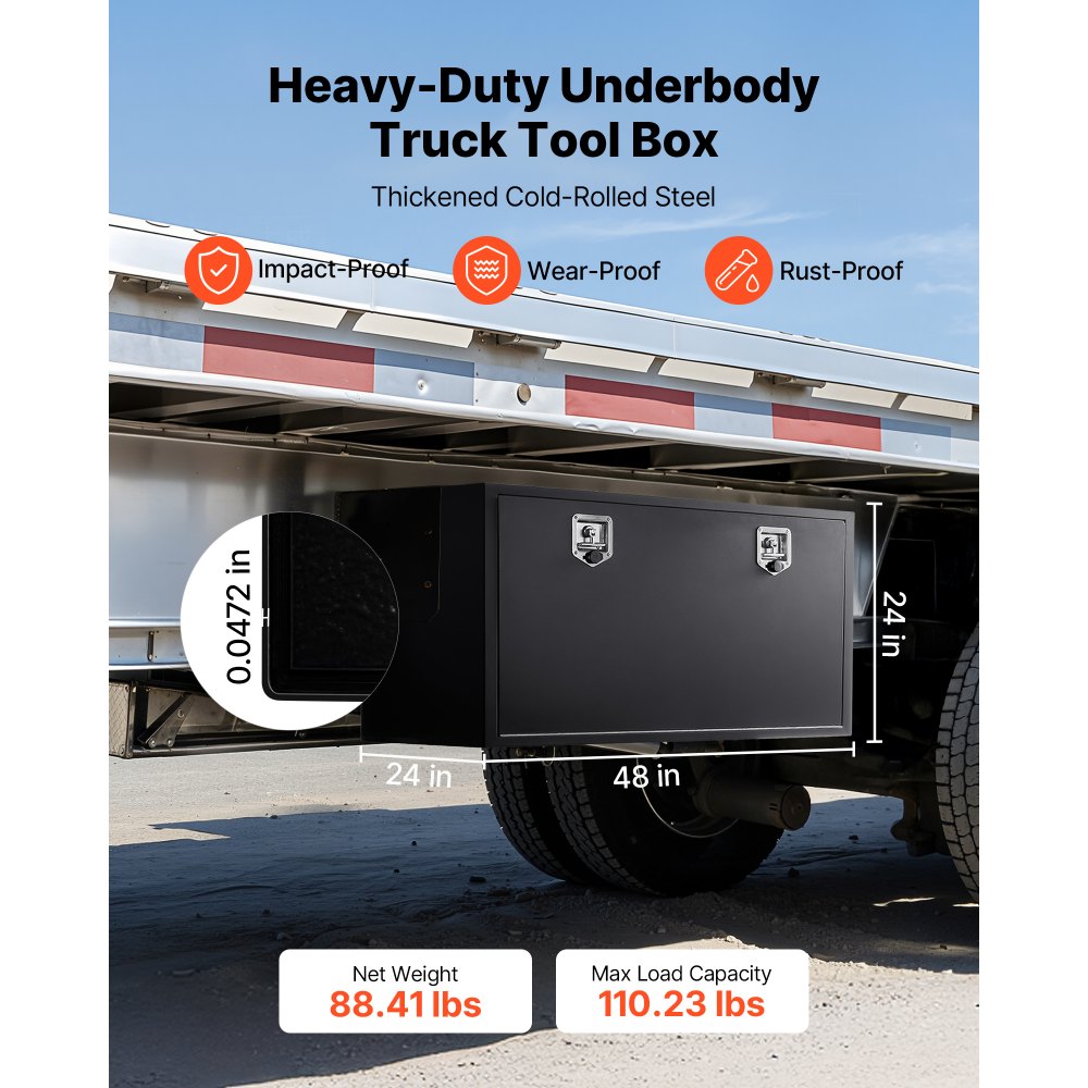 VEVOR Truck Onderbouw Opbergbox 1219 x 609 x 609 mm Koudgewalst Staal Waterdichte Gereedschapskist met T-handgreep en Slot voor Vrachtwagens, Trailers, Bestelwagens Gereedschapskist Onderbouw Box Zwart