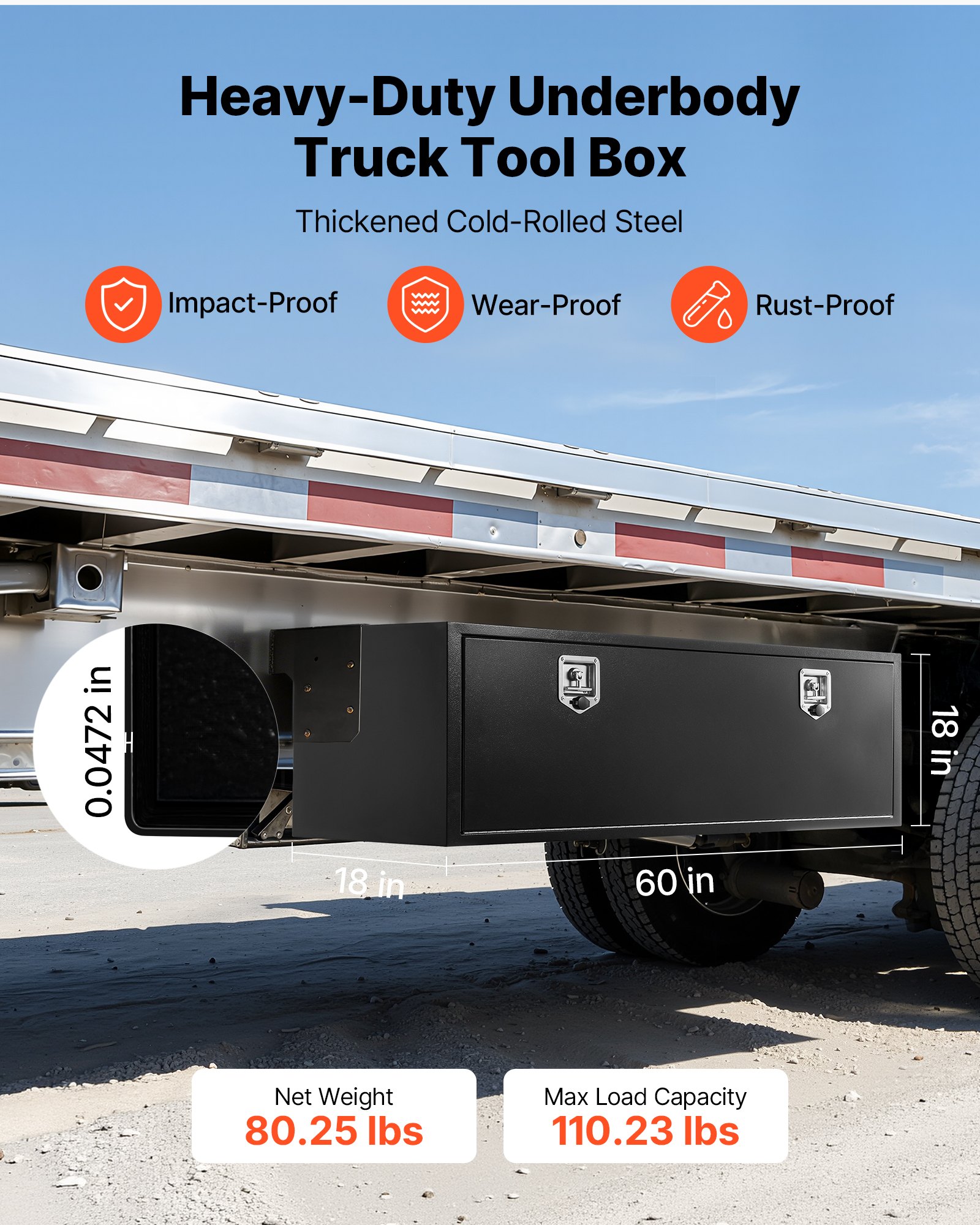 VEVOR Truck Onderbouw Opbergbox 1524 x 457 x 457 mm Koudgewalst Staal Waterdichte Gereedschapskist met T-handgreep en Slot voor Vrachtwagens, Trailers, Bestelwagens Gereedschapskist Onderbouw Box Zwart