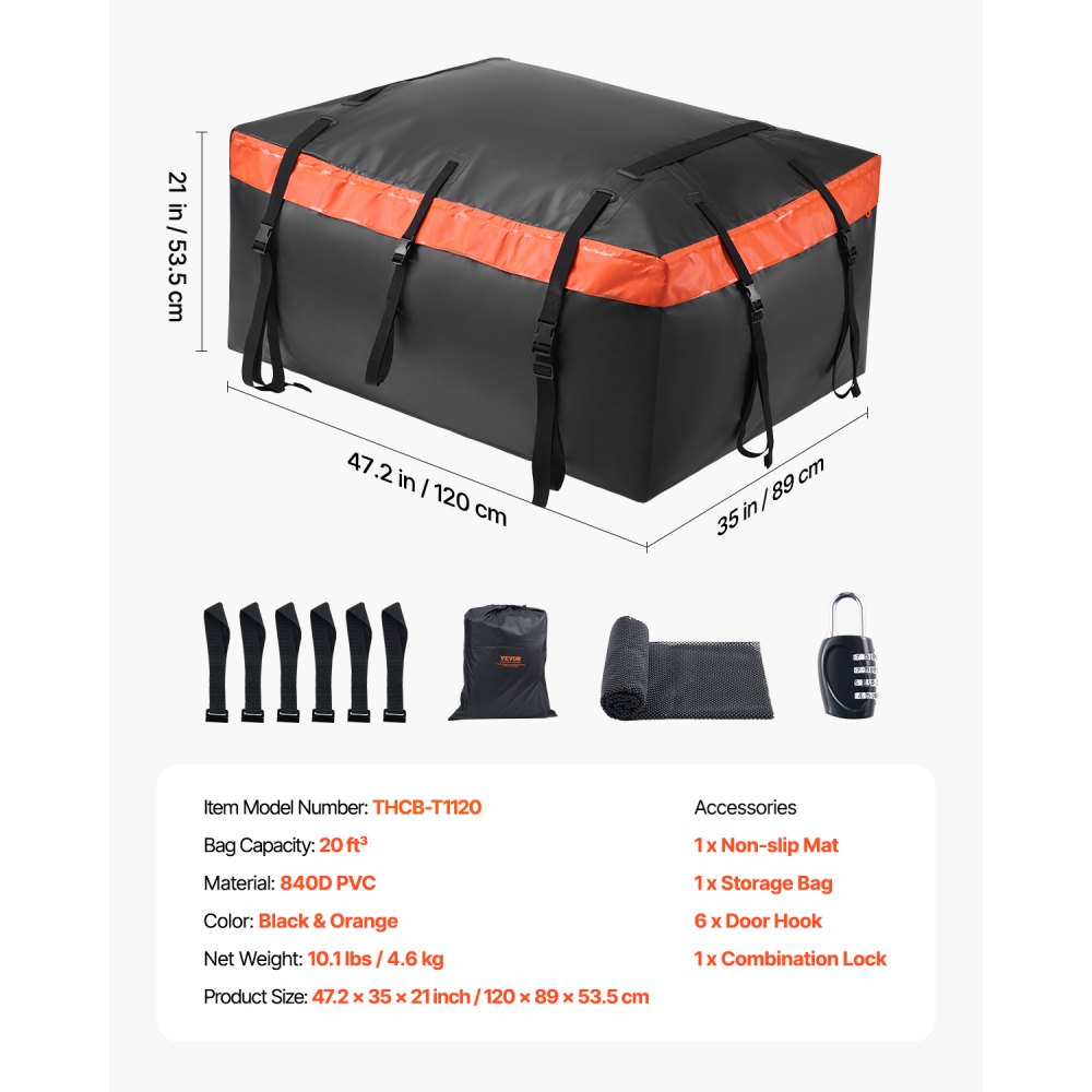 VEVOR Autodaktas 20 Kubieke Voet Dakkoffer, Waterdicht & Duurzaam 840D PVC Dakbagagetas voor Voertuigen met/zonder Dakdrager (met Slot & Antislipmat)