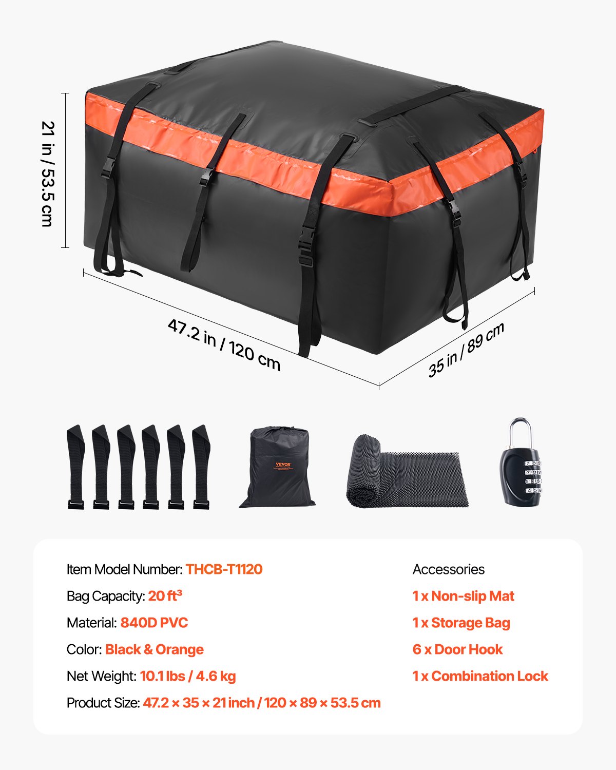 VEVOR Car Rooftop Cargo Carrier Bag, 20 Cubic Feet Roof Cargo Carrier, Heavy Duty 840D PVC 100% Waterproof Car Roof Luggage Bag for All Vehicle with/without Rack- with Lock, Anti-Slip Mat, 6 Door Hook