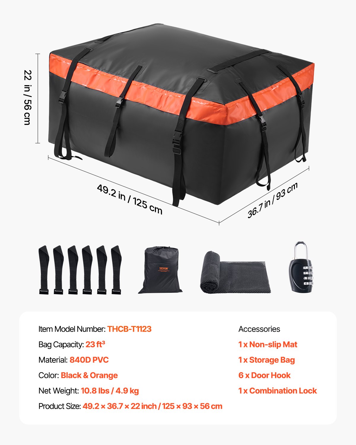 VEVOR Dakdragertas 23 kubieke voet Daktas Dakkoffer, Waterdichte en duurzame 840D PVC Dakdragertas voor voertuigen met/zonder drager (met slot en antislipmat)