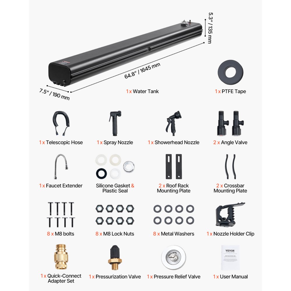 VEVOR Dakdrager Watertank Wateropslag voor Voertuigen 30 L met 2 Spatborden en T-sleuf, Aluminium Tank met Hogedrukaansluiting, voor Kofferbak Rolbeugels Dwarsdragers