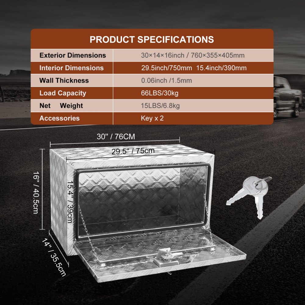 VEVOR Truckbox Gereedschapskist Aanhangerbox Gereedschapskist 760x355x405mm Opbergbox voor pick-ups, Aluminium traanplaat gereedschapskist met slot en sleutels, Waterdichte opbergbox voor aanhangers