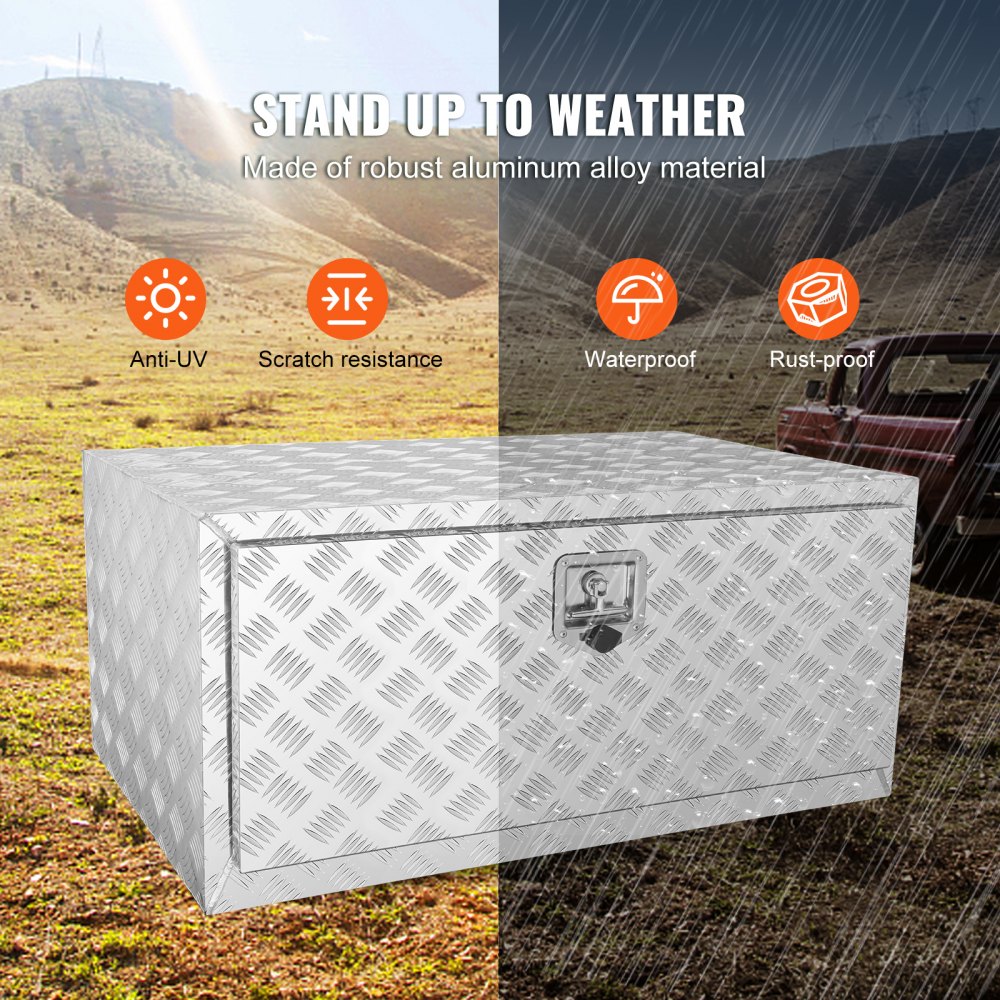 VEVOR Onderbouwkoffer voor vrachtwagens, 914 x 610 x 610 mm, opbergbox voor pick-up, gereedschapskist van aluminium met diamantplaat, slot en sleutels, waterdichte opbergbox voor aanhangwagen met T-greepvergrendeling