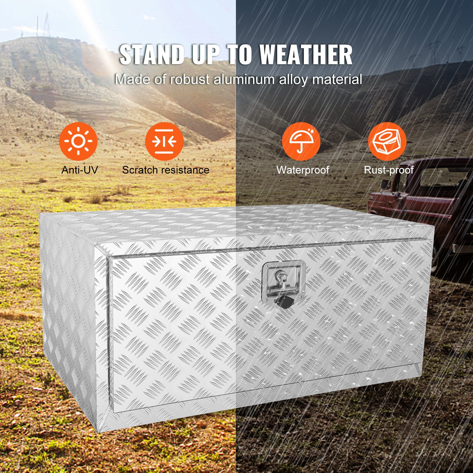 VEVOR Onderbouwkoffer voor vrachtwagens, 914 x 610 x 610 mm, opbergbox voor pick-up, gereedschapskist van aluminium met diamantplaat, slot en sleutels, waterdichte opbergbox voor aanhangwagen met T-greepvergrendeling