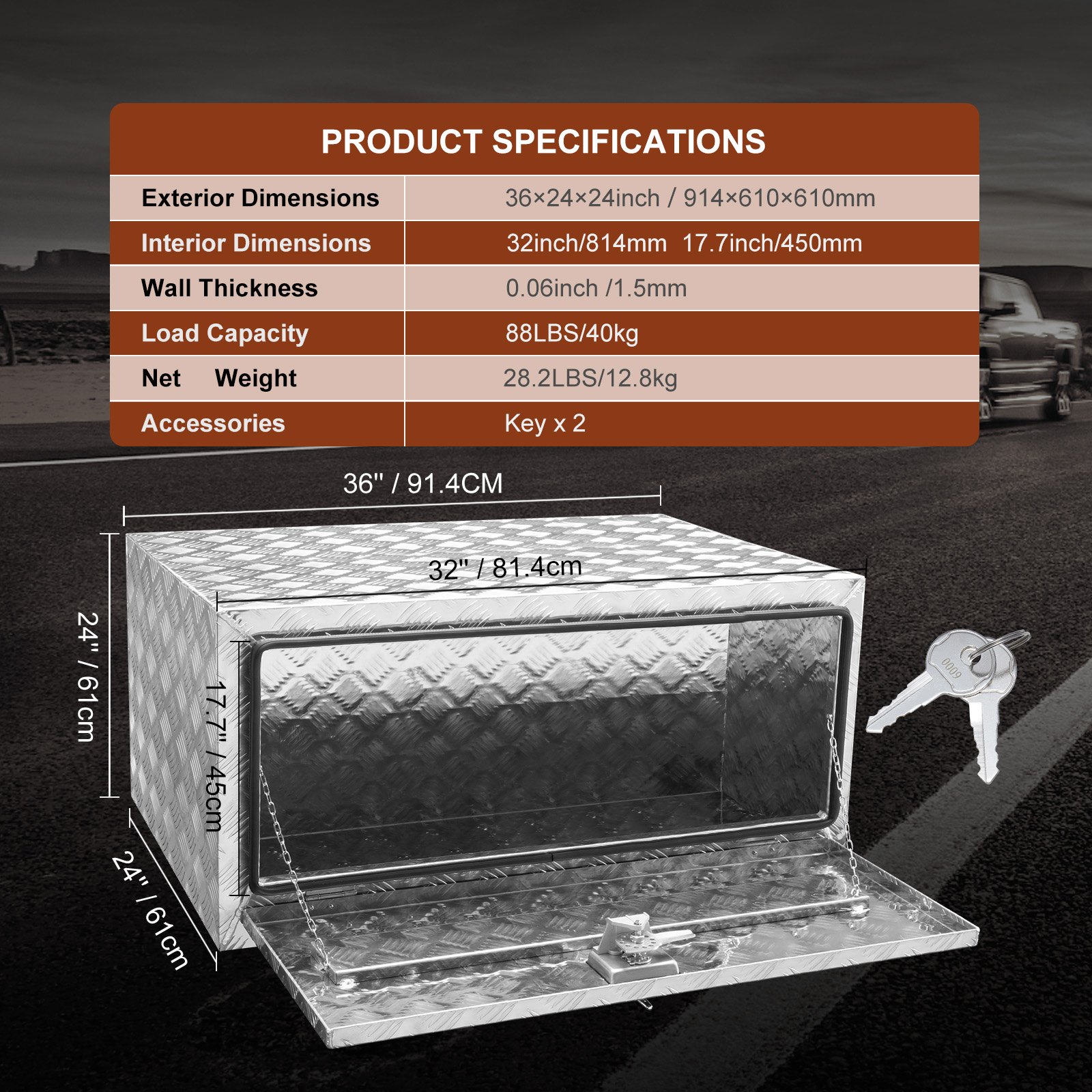 VEVOR Onderbouwkoffer voor vrachtwagens, 914 x 610 x 610 mm, opbergbox voor pick-up, gereedschapskist van aluminium met diamantplaat, slot en sleutels, waterdichte opbergbox voor aanhangwagen met T-greepvergrendeling