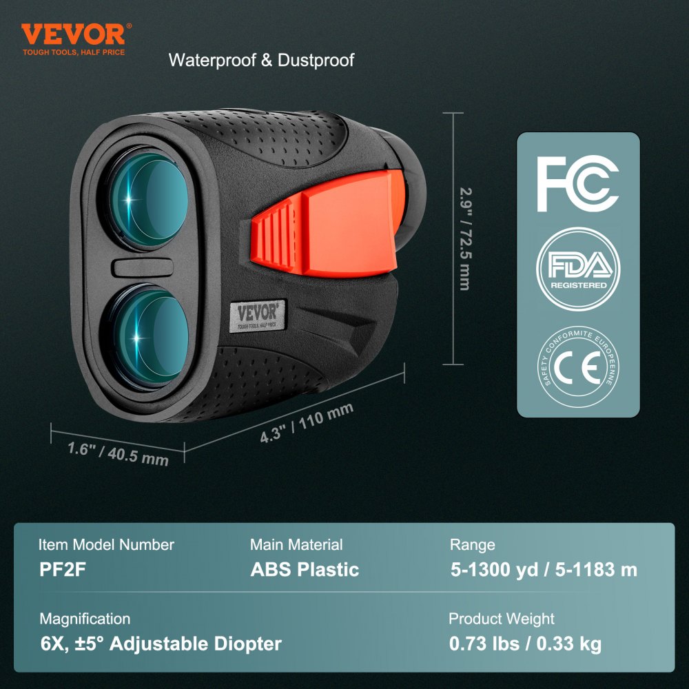 VEVOR Laser Golf-afstandsmeter met helling aan/uit, 1183 m golfafstandsmeter, afstandsmeter Jacht Boogschieten 6x vergroting & 22 mm zoeker, draagbare afstandsmeter met USB-C oplaadpoort