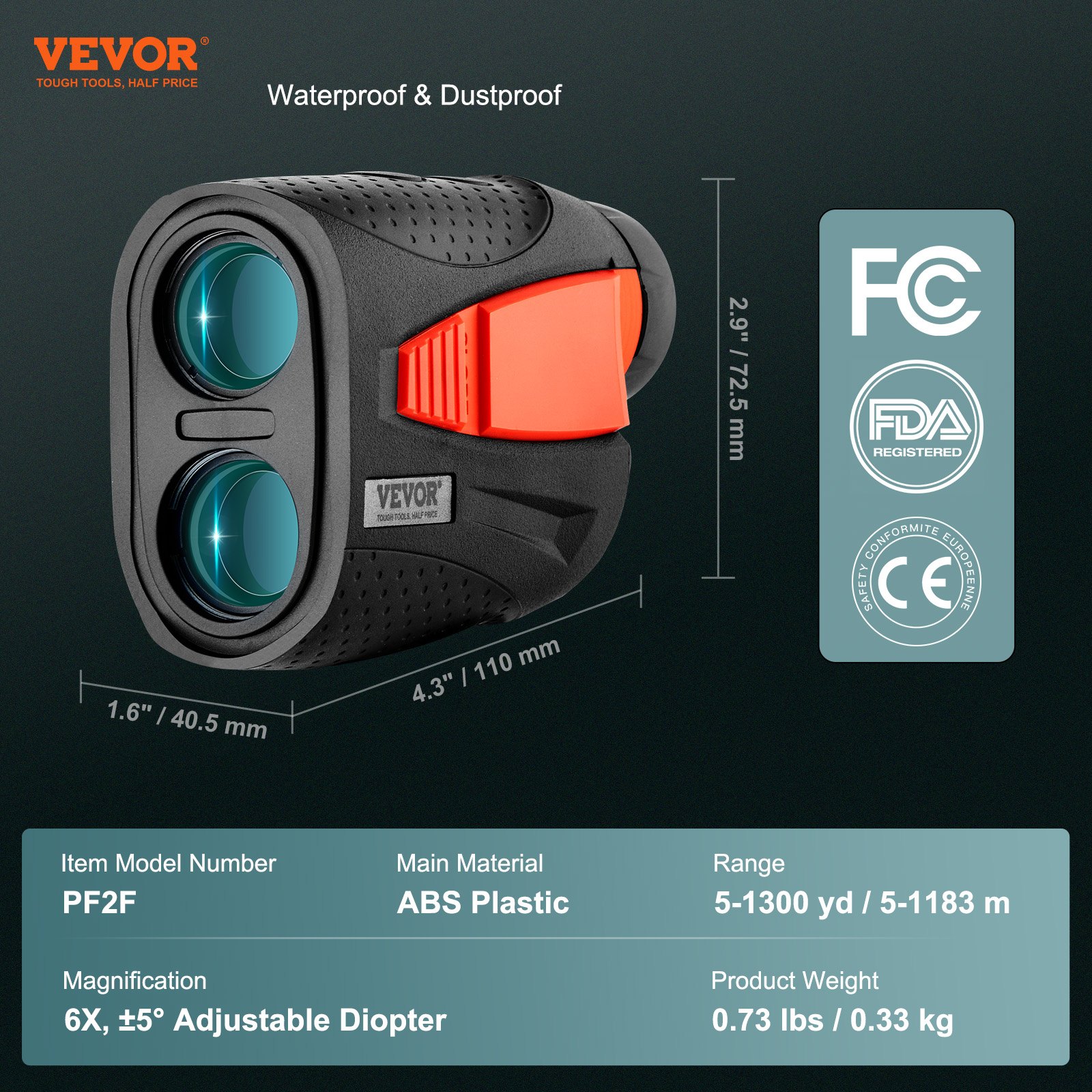VEVOR Laser Golf-afstandsmeter met helling aan/uit, 1183 m golfafstandsmeter, afstandsmeter Jacht Boogschieten 6x vergroting & 22 mm zoeker, draagbare afstandsmeter met USB-C oplaadpoort