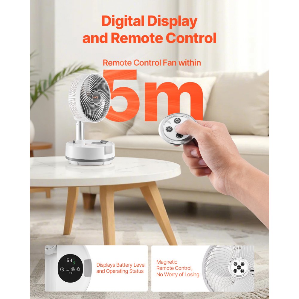 VEVOR 20.3 cm Portable Foldable Rechargeable Oscillating Fan, 3-in-1 Battery Operated with Remote Control, Quiet Desk/Table Pedestal Fan, 8 Speeds,90-degree Auto Left/Right Rotation,for Home,Office