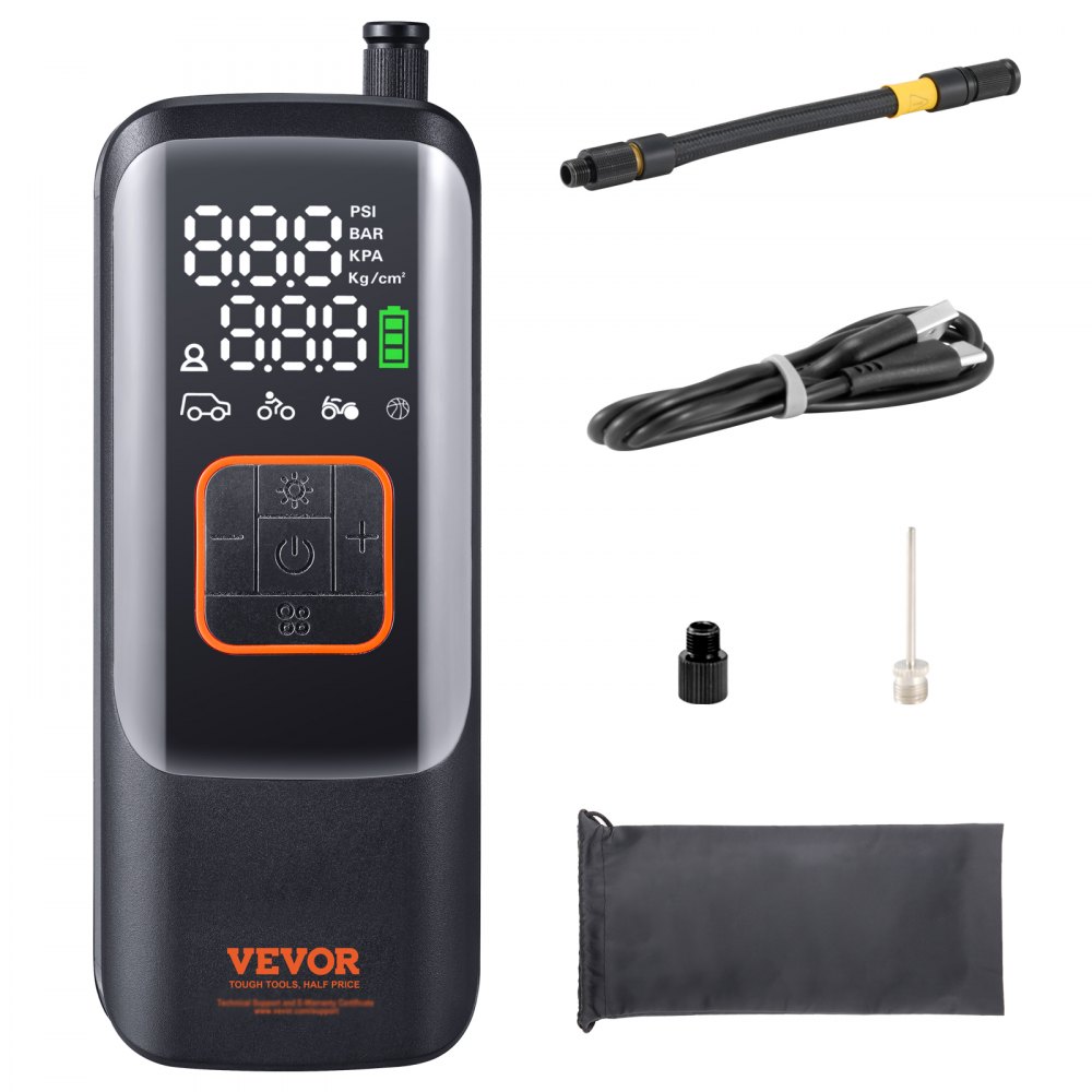 VEVOR draagbare luchtcompressor 17 cilinder mini-bandenpomp 7,4 V 2 * 2000 mAh oplaadbare elektrische compressor fietspomp 150PSI luchtpomp met manometer voor auto, fiets, motorfiets ballen
