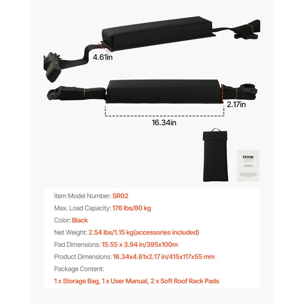 VEVOR Soft Roof Rack Pads, 15.5-Inch Universal Car Roof Rack Pads, 176LBS Loading Capacity Luggage Kayak Carrier with Portable Storage Bag for SUP Canoe Snowboard Paddle Board Surfboard