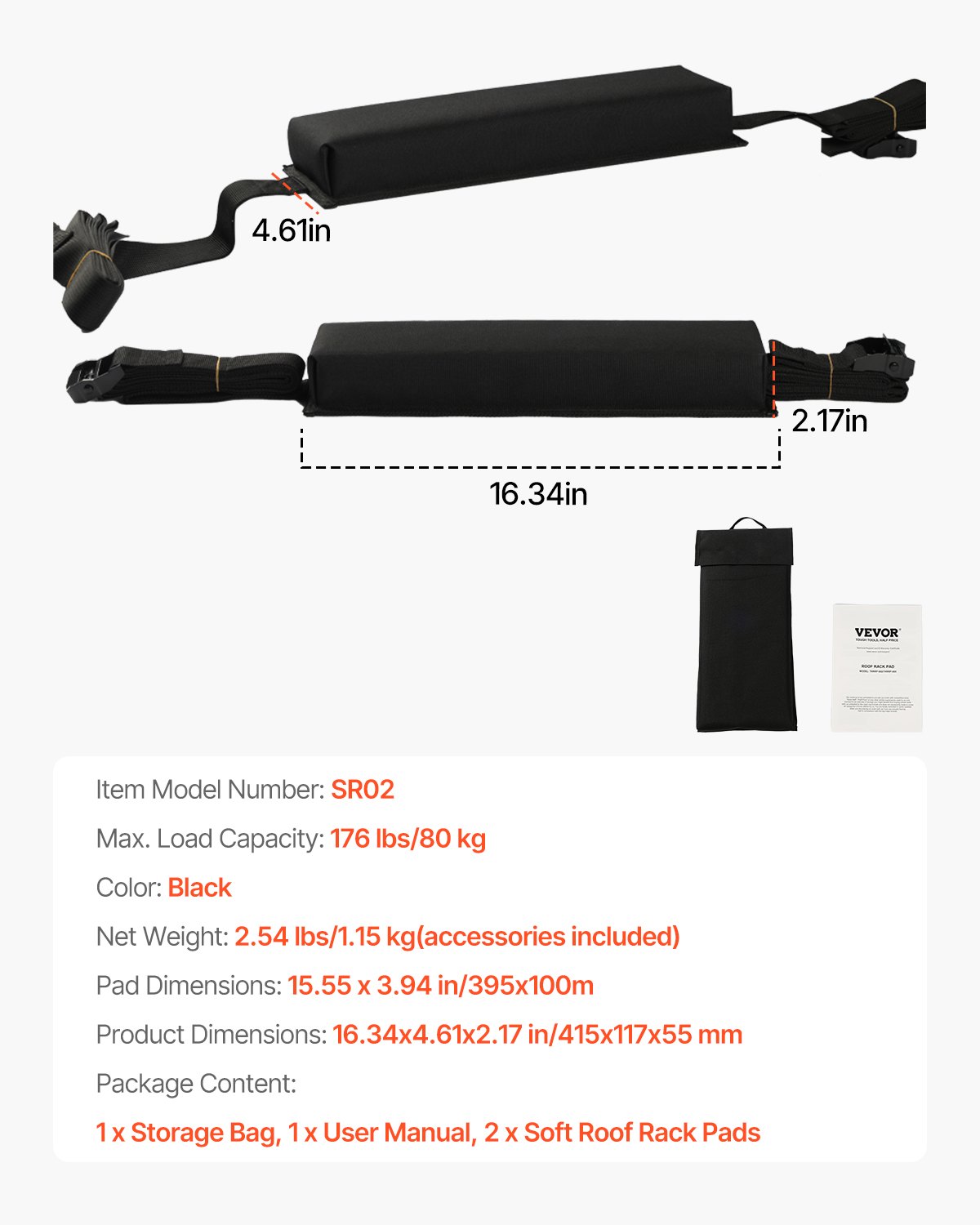 VEVOR Soft Roof Rack Pads, 15.5-Inch Universal Car Roof Rack Pads, 176LBS Loading Capacity Luggage Kayak Carrier with Portable Storage Bag for SUP Canoe Snowboard Paddle Board Surfboard