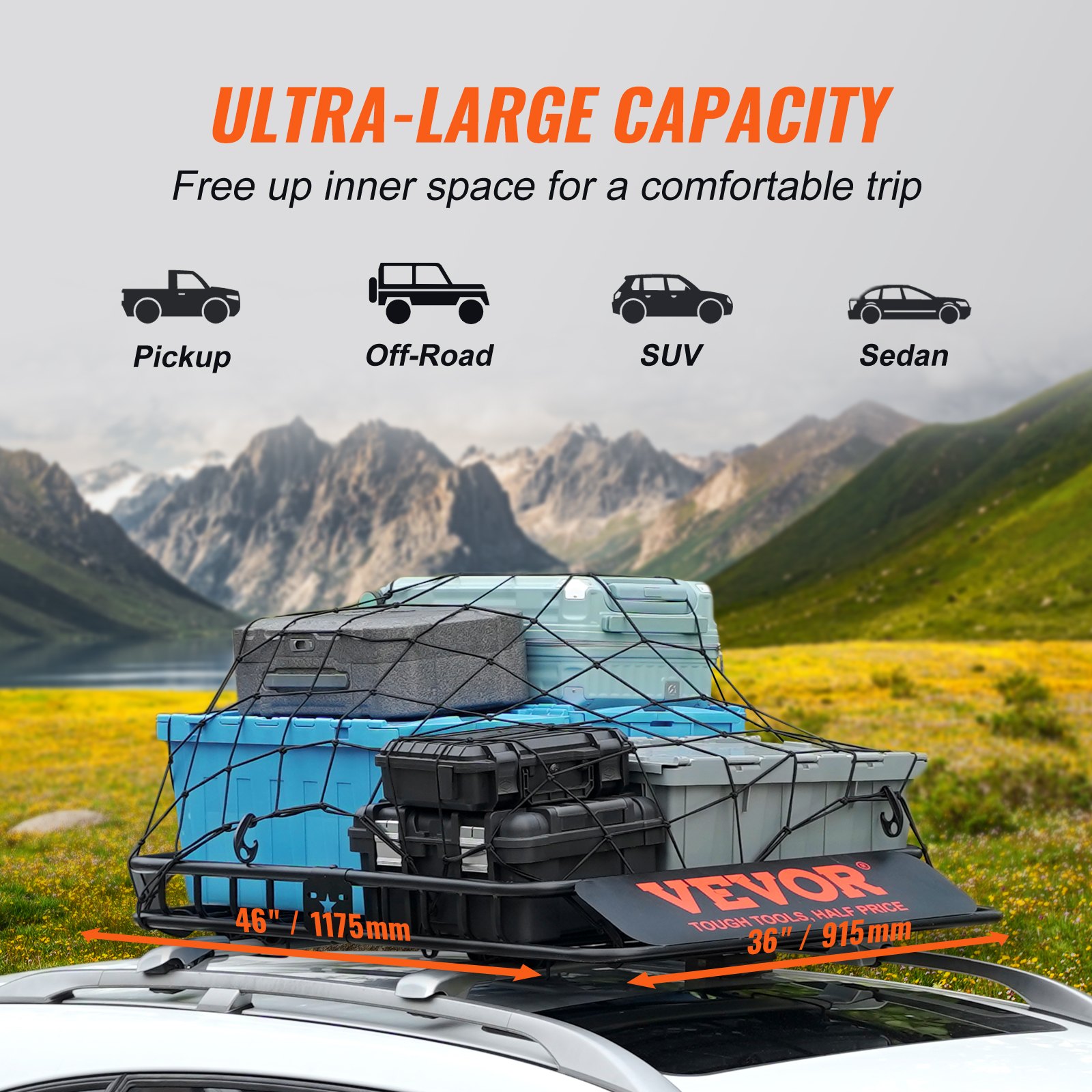 VEVOR Dakdrager Bagagemand Universeel 1175 x 915 x 114 mm, Dakdragerbak 90 kg Draagvermogen Dakrail Bagagebak Zwart voor Kamperen, Barbecues, Autoreizen etc.