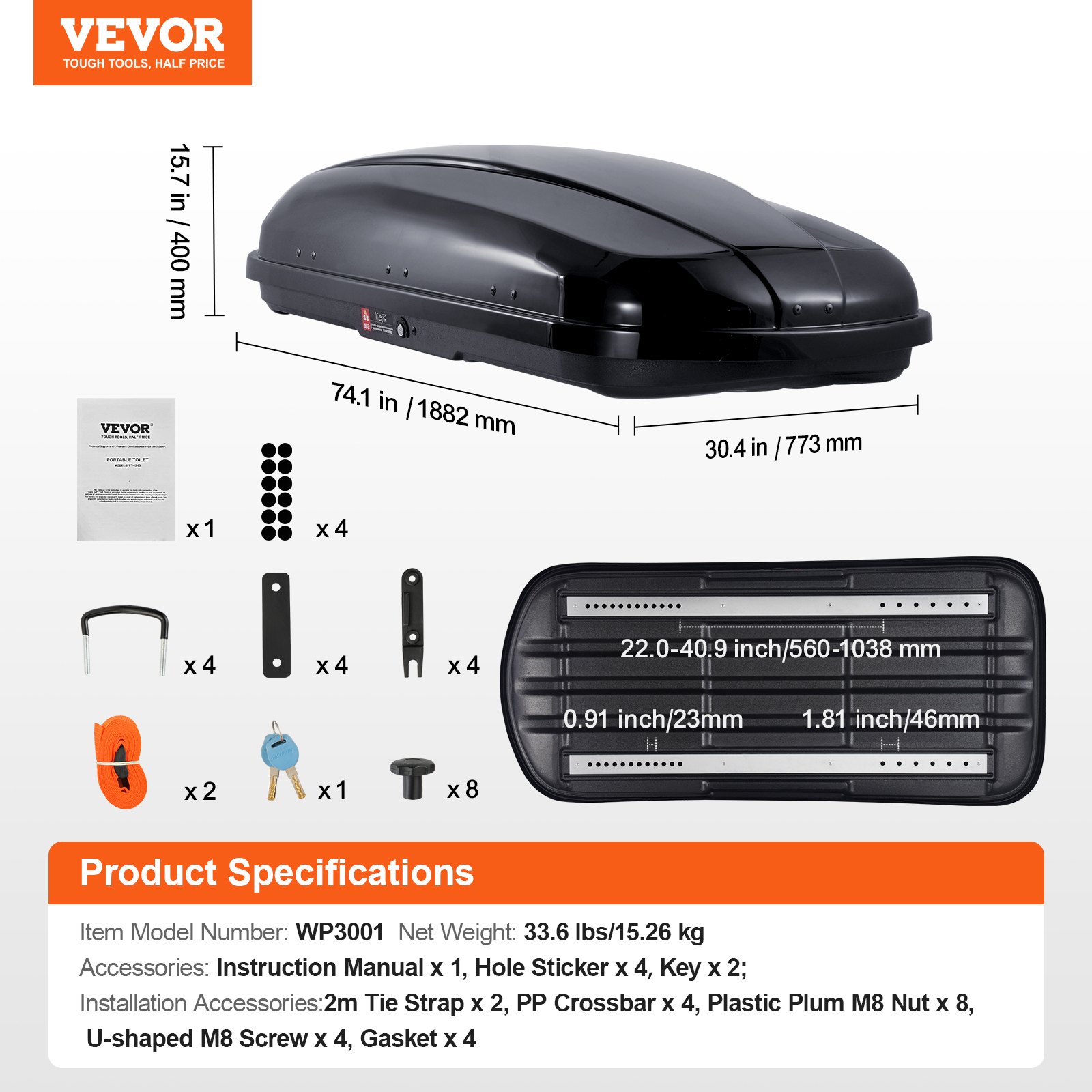 VEVOR Dakkoffer Dakkoffer Opbergbox 370 L, ABS Harde Schaal Dakdrager Opbergbox met Dubbelzijdige Opening en 2 Verstevigde Riemen, Bagagebox voor SUV's