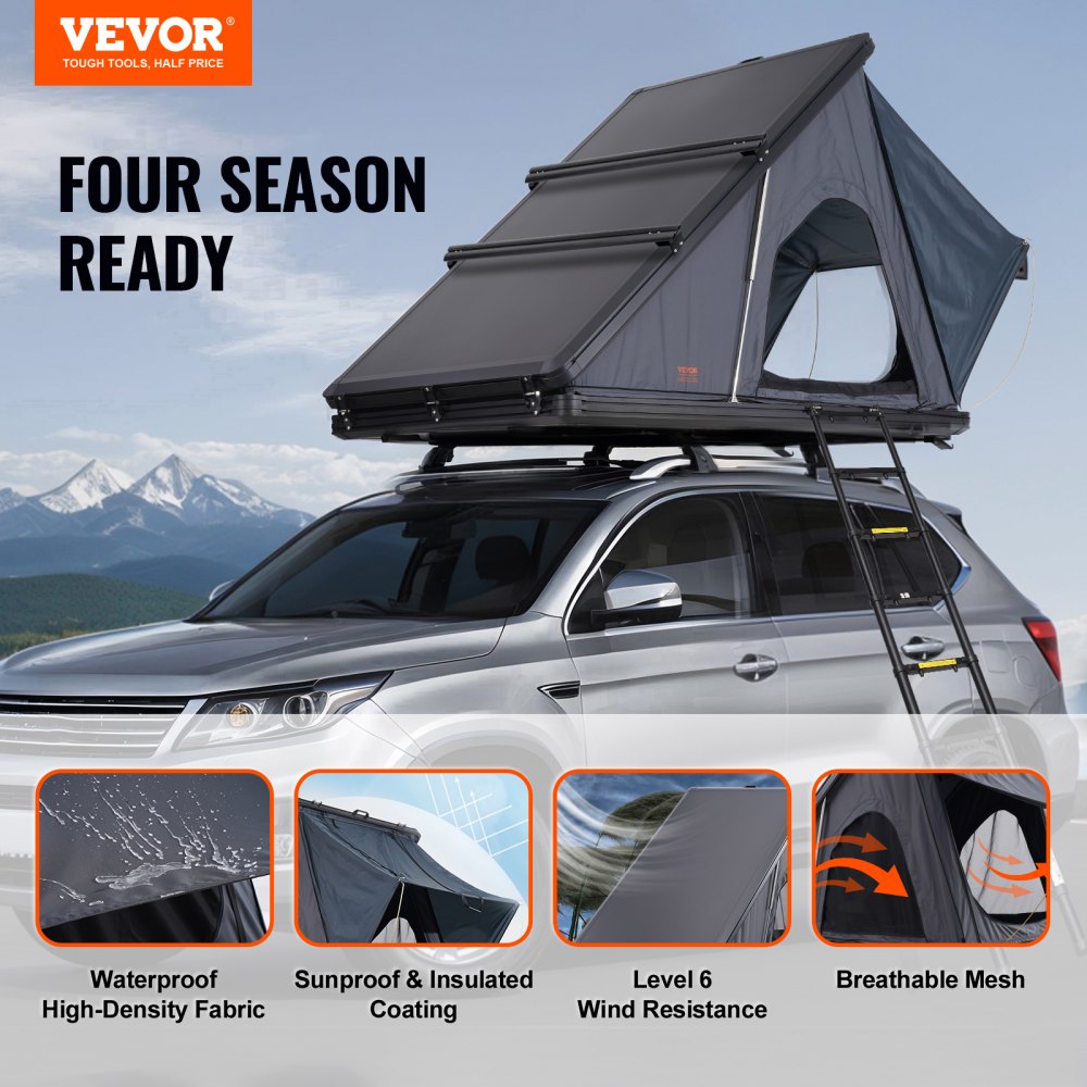VEVOR Daktent met harde schaal, autotent, kamperen voor 2-3 personen, harde daktent met verstelbare telescopische ladder, dikke matras, waterdicht en winddicht, voor Jeep SUV, bestelwagen, pick-up, driehoekig, zwart
