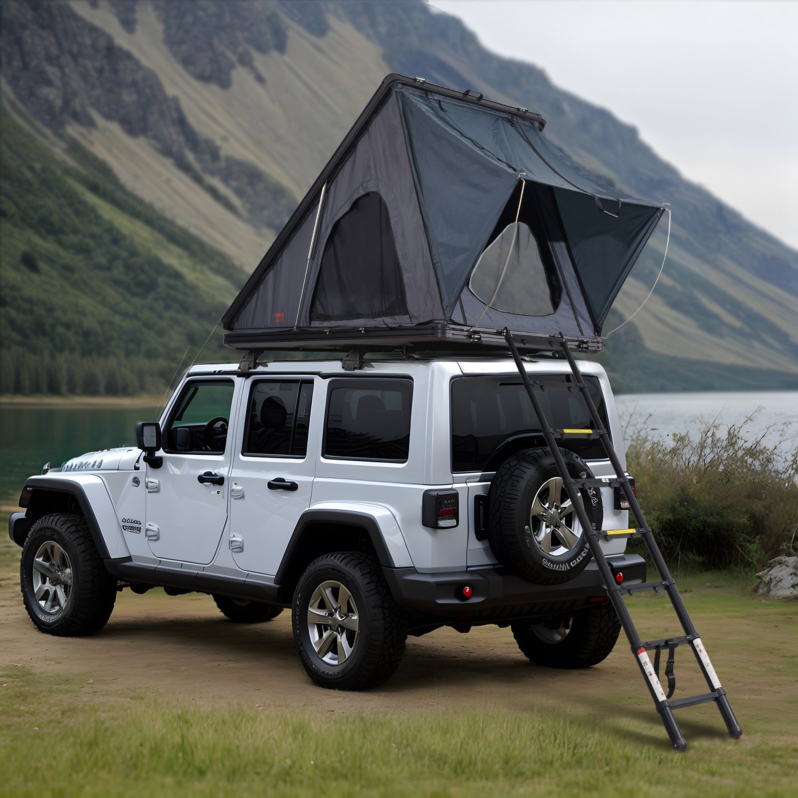 VEVOR Daktent met harde schaal, autotent, kamperen voor 2-3 personen, harde daktent met verstelbare telescopische ladder, dikke matras, waterdicht en winddicht, voor Jeep SUV, bestelwagen, pick-up, driehoekig, zwart