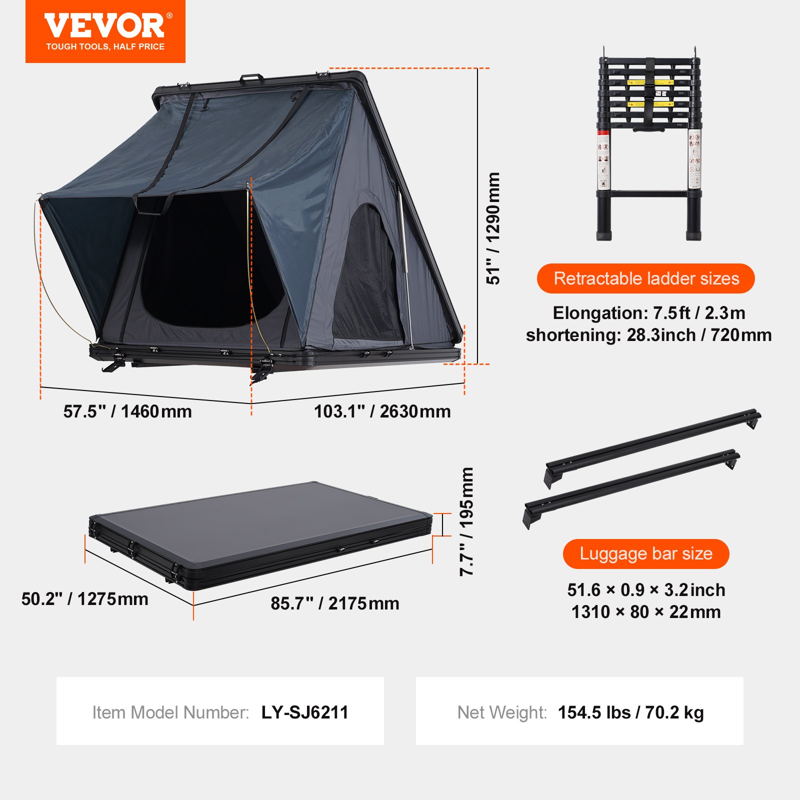 VEVOR Daktent met harde schaal, autotent, kamperen voor 2-3 personen, harde daktent met verstelbare telescopische ladder, dikke matras, waterdicht en winddicht, voor Jeep SUV, bestelwagen, pick-up, driehoekig, zwart