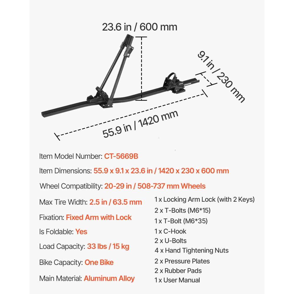 VEVOR Dakfietsdrager 15 kg draagvermogen, Staande dakdrager voor fietsen met veilig vergrendelingssysteem voor de meeste standaard dwarsdragers, Staande dakdrager voor SUV's, Zwart