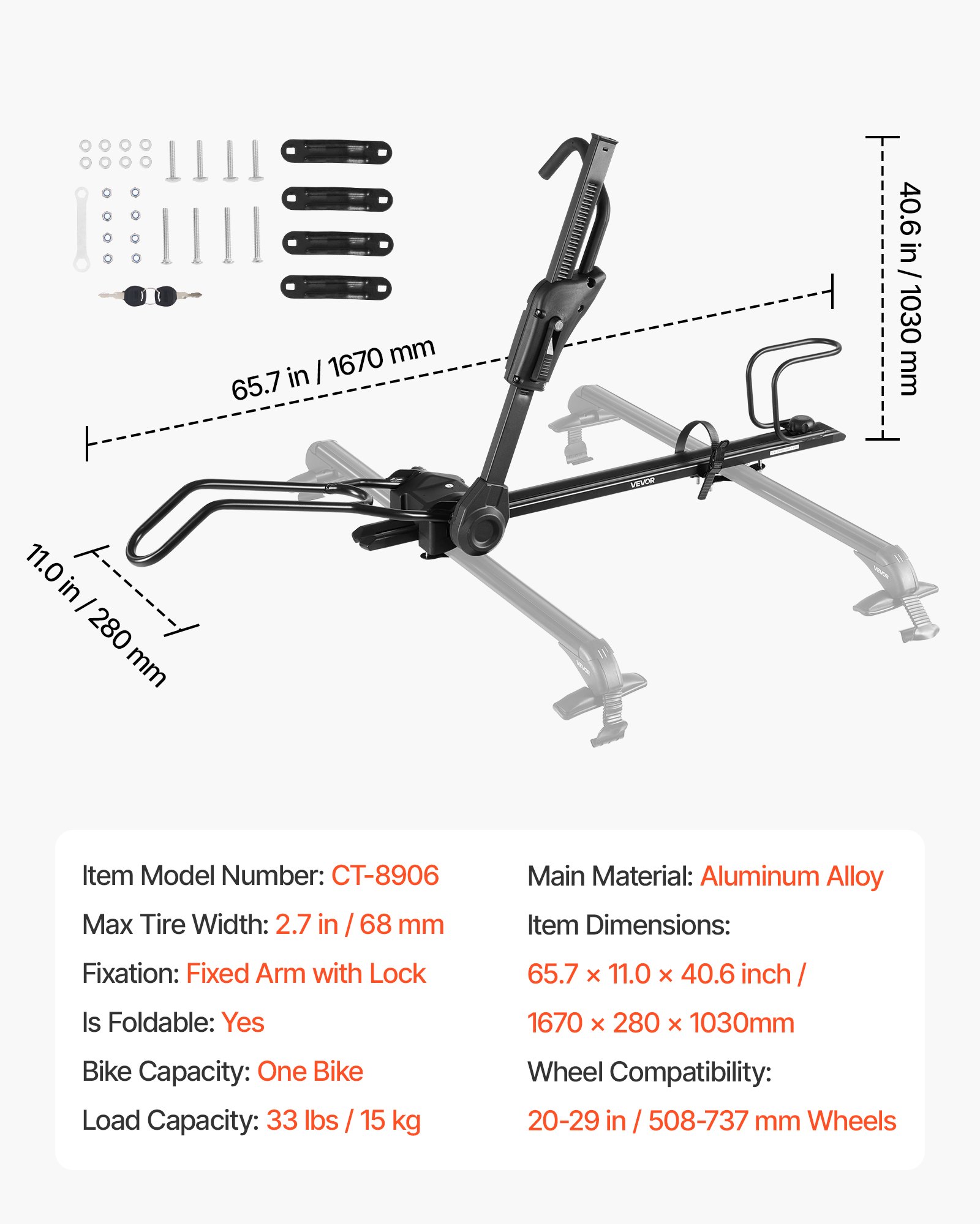 VEVOR Dakfietsdrager 15 kg draagvermogen, opvouwbare dakfietsdrager met veilig vergrendelingssysteem voor de meeste standaard dwarsdragers, rechtopstaande dakdrager voor SUV's, zwart