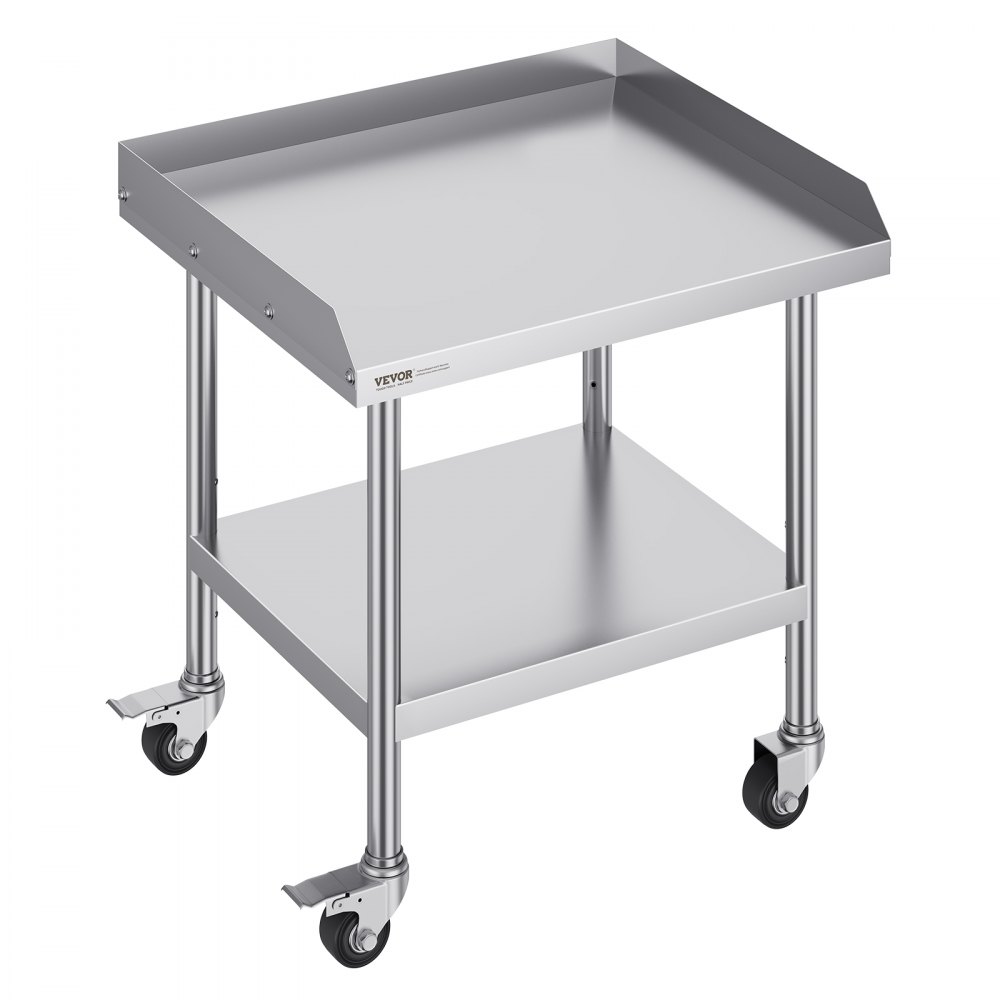 VEVOR stainless steel work table with bottom shelf and caster wheels for mobility.