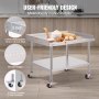 VEVOR stainless steel work table: user-friendly design, 3-sided backsplash, smooth edges, swivel casters.