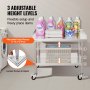 VEVOR stainless steel work table with detergents, towels, adjustable height levels, caster wheels for easy movement.