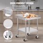 VEVOR stainless steel work table with 3-sided backsplash, swivel casters, smooth edges, and baking items.