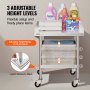 VEVOR stainless steel work table with adjustable height, laundry supplies on top, and baskets below.