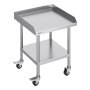 VEVOR stainless steel work table with backsplash, undershelf, and lockable caster wheels.