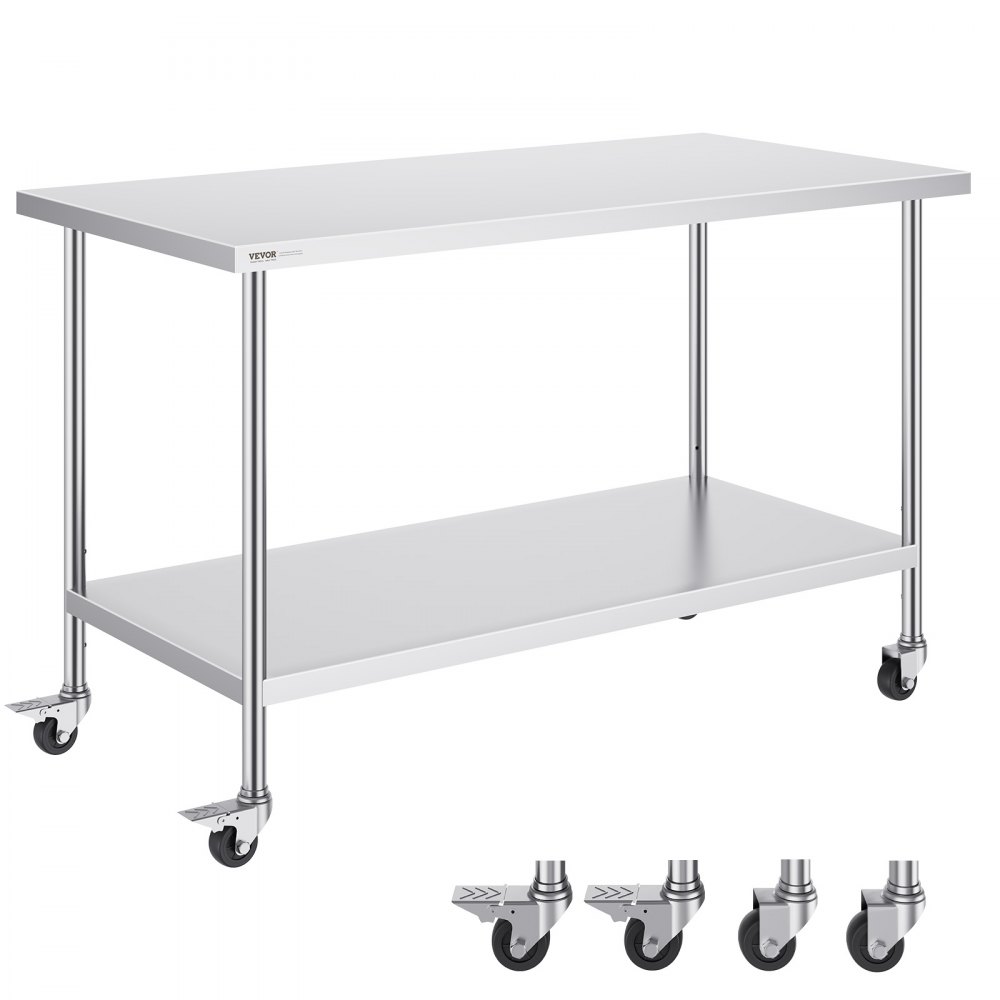 VEVOR Stainless Steel Work Table Commercial Prep Table 30x60 Inch With 4 Casters