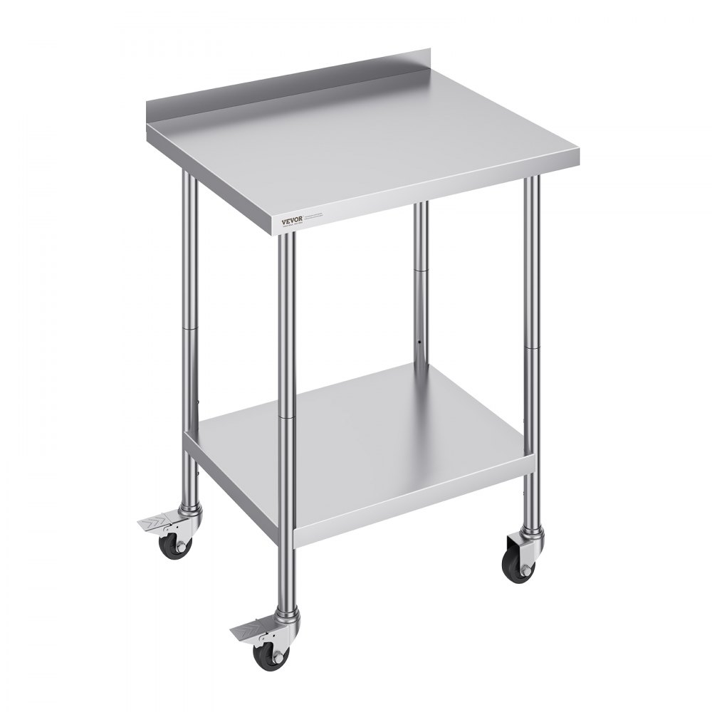 VEVOR stainless steel work table on wheels with bottom shelf and backsplash.