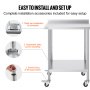 VEVOR stainless steel work table installation guide with tabletop, corner assembly, and base frame screw fix.