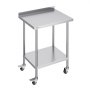 VEVOR stainless steel work table on wheels with bottom shelf and backsplash.