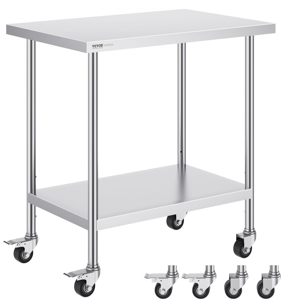 VEVOR Stainless Steel Work Table 24 x 36 x 38 Inch, with 4 Wheels, 3 Adjustable Height Levels, Heavy Duty Food Prep Worktable for Commercial Kitchen Restaurant, Silver