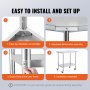 VEVOR stainless steel work table assembly steps: attach tabletop, adjust corners, fix base, complete setup.