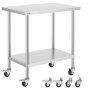 VEVOR stainless steel work table with adjustable lower shelf and caster wheels for mobility.