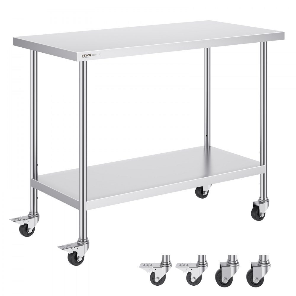 VEVOR stainless steel work table with lower shelf and swivel caster wheels, sleek and sturdy design.