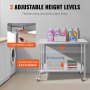 VEVOR stainless steel work table with 3 adjustable height levels, shown with laundry supplies.