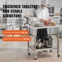 VEVOR stainless steel work table in a busy kitchen, features top shelf load capacity of 470 lbs and bottom shelf capacity of 350 lbs.