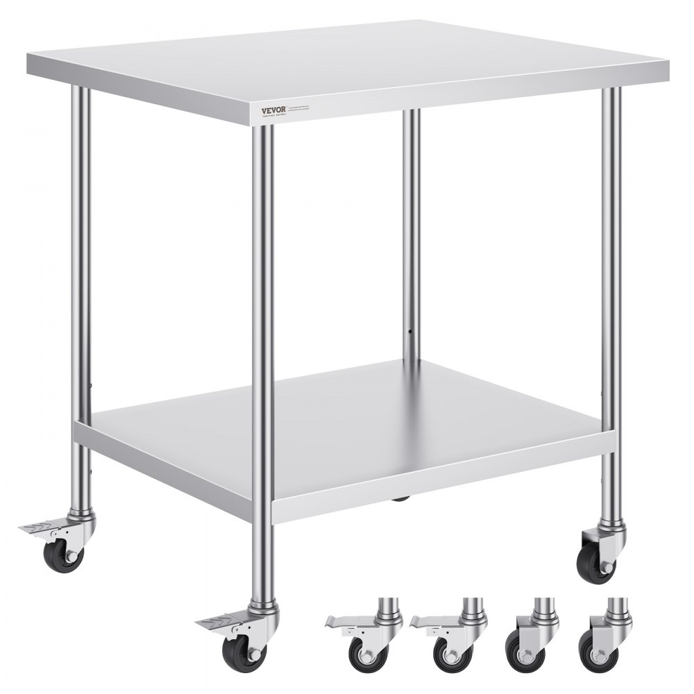 VEVOR Stainless Steel Work Table Commercial Prep Table 30x18 Inch With 4 Casters