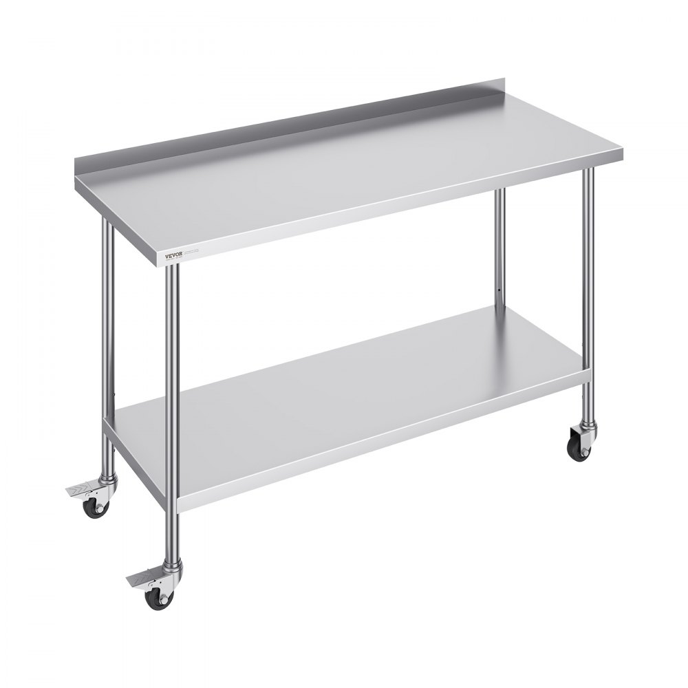 VEVOR stainless steel work table with backsplash, lower shelf, and locking casters.