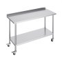 VEVOR stainless steel work table with backsplash, lower shelf, and locking casters.