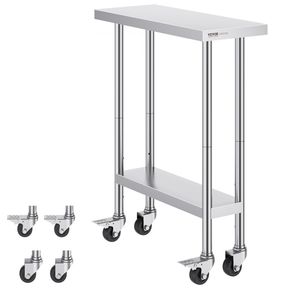 VEVOR stainless steel work table with under-shelf and four caster wheels, perfect for industrial use.