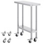 VEVOR stainless steel work table with under-shelf and four caster wheels, perfect for industrial use.