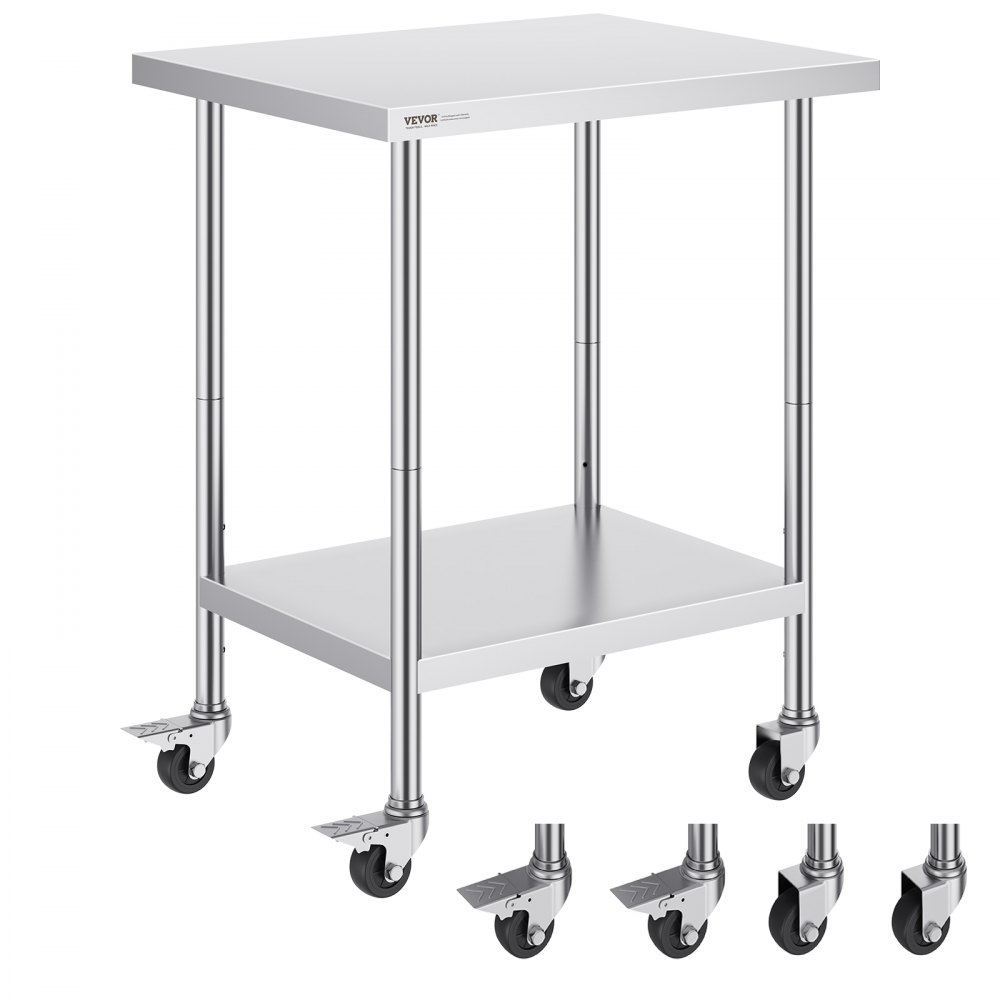 VEVOR stainless steel work table with adjustable shelf and heavy-duty caster wheels.